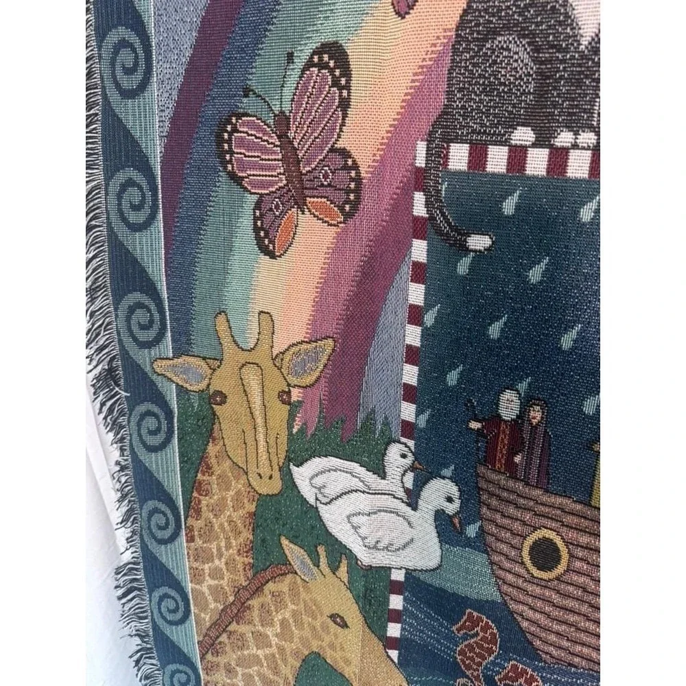 Vintage Folkart‎ American Weavers Noah's Ark Tapestry Throw Blanket Americana